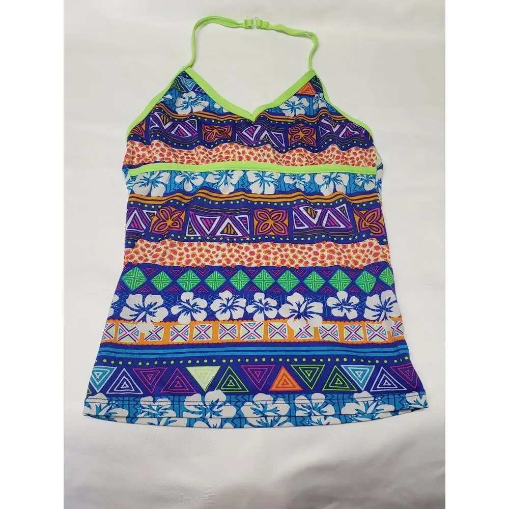 Candy Girl Swim Multi Colorful Design Around The Neck Tankini Swim Suit Top
